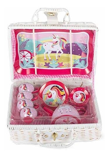 Delton Products 8002-8 Tin 19 Pc Tea Set In Basket,unicorn