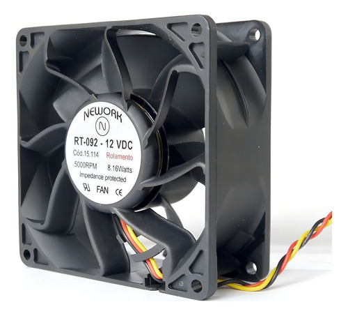 Miniventilador 92x92x38 12 Vdc Nework Código 15.114 Estrutura Preto Pás Preto 12v