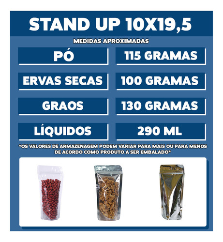300 Saquinhos Stand Up Metal Transparente 10x15 Fecho Zip