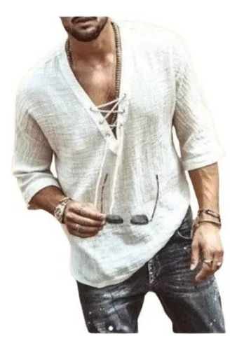 Camisa De Vestir De Lino Hippie De Moda, Pantalones Ajustado