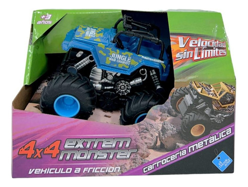 Vehículo Extrem Monster 4x4 Velocidad Sin Limites A Fricción Color Azul Ruedas Negras