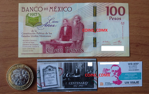 Moneda $20 Centenario Constitucion Billete Timbre Boleto M