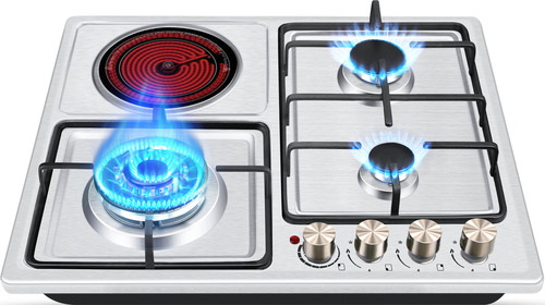 Skbe® Estufa Mixta Profesional - 3 Quemadores Gas y 1 Eléctrico con Placa Cerámica