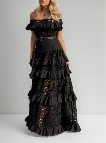 Vestido Largo De Encaje Grande Con Volantes Y Aberturas
