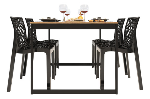 Conjunto De Mesa De Jantar 120x90 Cm + 4 Cadeiras Gruvyer Industrial Em Madeira E Ferro Tampo Laminado E Pés Pretos, Design Nórdico Para Sala De Jantar Ou Cozinha