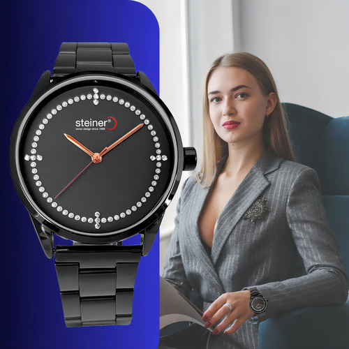 Reloj Steiner Análogo Extensible Acero Inoxidable 3atm Dama Correa Negro Bisel Gris Fondo Negro