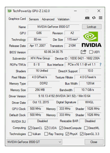 Placa De Vídeo Geforce 8500 Gt 256mb Ddr2 128bits Pcie X16 (Usado)
