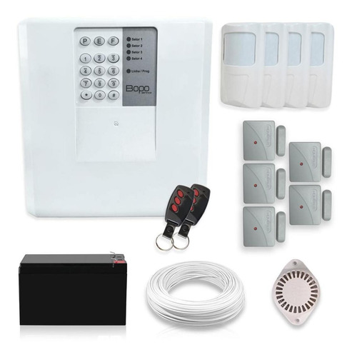 Imagem 1 de 5 de Kit Alarme Residencial Bopo 9 Sensores Discadora Bateria