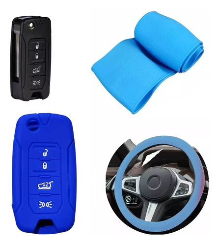 Cubre Volante + Funda Llave Silicona - Jeep 4 Botones Azul