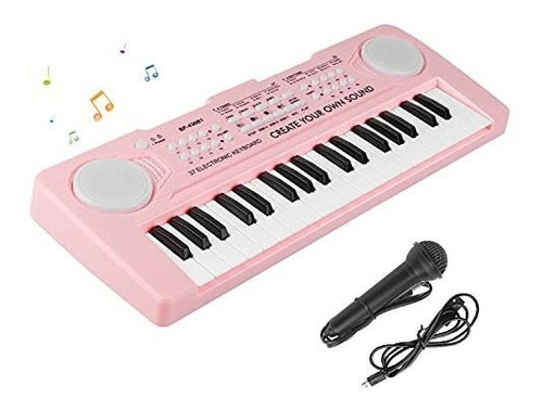 Teclado De Piano Color Rosa Con Microfono Negro Para Niños