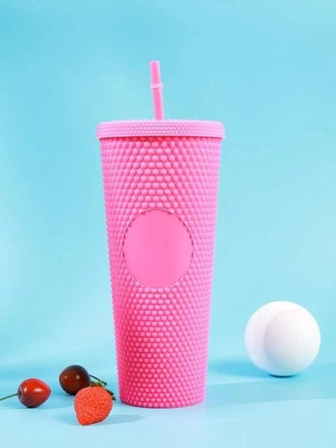 Vaso Texturizado Con Tapa Y Popote Vaso Doble Pared De 700ml Fucsia Diamante