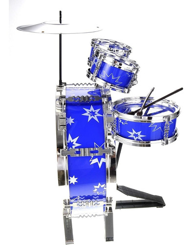 Bateria Musical Para Niños Banco Baquetas Platillo Bombo Color Azul