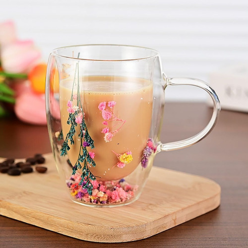 Taza Mug Doble Pared Con Flores Eternas 350ml Cafe Te