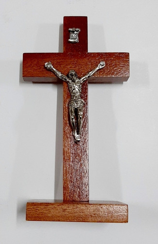 Crucifijo Con Base  - 13 Cm - Cruz De Madera Cristo De Metal