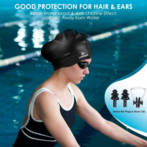Gorro De Natación Lasmare P/ Pelo Largo, De Silicona, Negro
