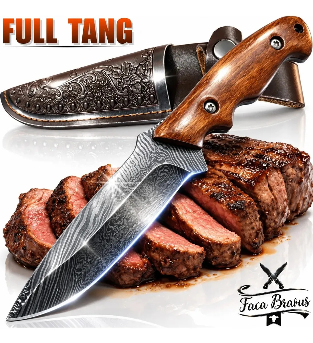 Faca Bravus Primordial Forjada Full Tang 23,5cm Lâmina 12cm com Cabo de Madeira e Bainha de Couro para Churrasco, Carnes, Cozinha, Camping, Pesca, Cutelaria Gourmet Profissional e 