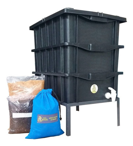 Kit Composteira Doméstica Minhocário 15 Lts Suporte De Ferro