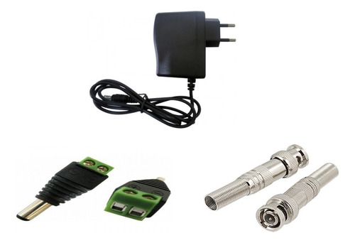 Kit Conector P/ Camera Segurança 1x P4 2x Bnc 1x Fonte 12v