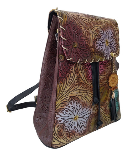  Bolsa Mochila Casual Artesanal Piel Res Cincelado Flores