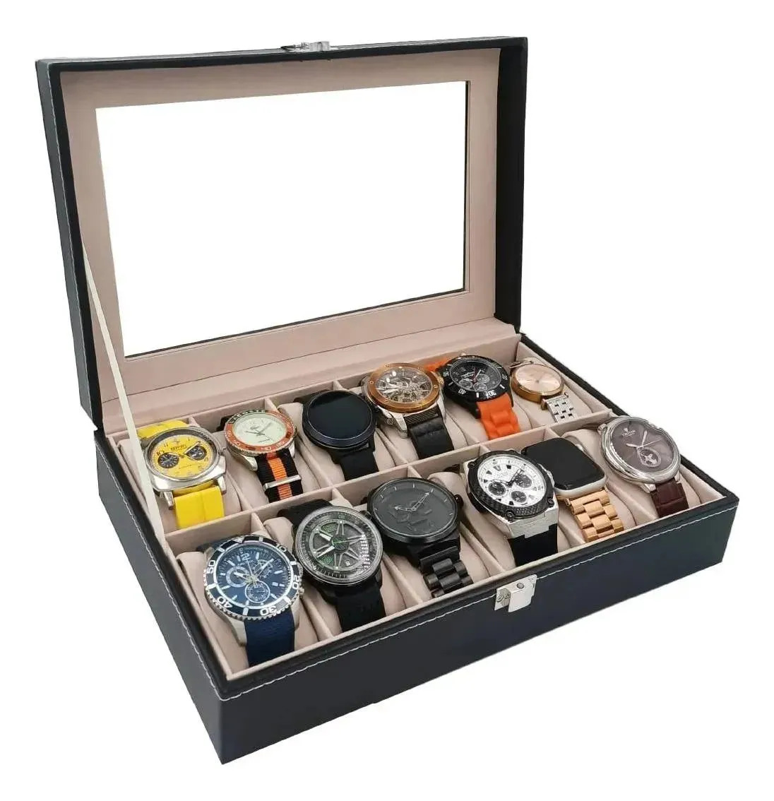 Imagen de Estuche Alhajero Para Relojes Hombre Caja Organizadora Exhibidor 12 Espacios Porta Relojes Tapa Transparente Piel PU Almohadillas Para Joyas Coleccion Pulseras Mujer Elegante Regalo