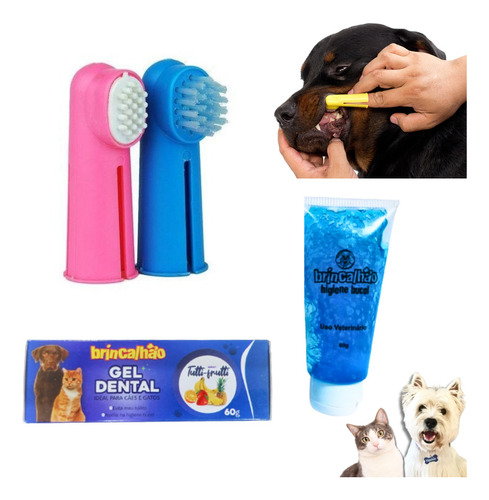 Kit Higiene Bucal Pet 2 Dedeiras + 1 Gel Dental Escova Dente