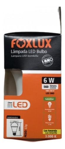 Kit 5 Lampada Led Bulbo A60 6w E27 3000k Amarela Bivolt Fox
