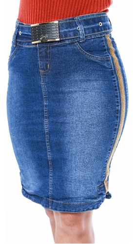 Saia Jeans Azul Com Cinto Detalhes Laterais Moda Evangélica