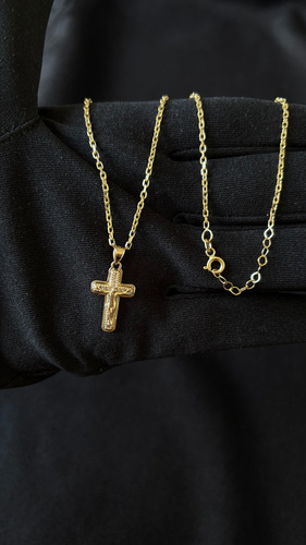 Collar Torsal Dama Oro 10k Pulido 40 Cm Con Dije Cadena 50cm Y Cruz