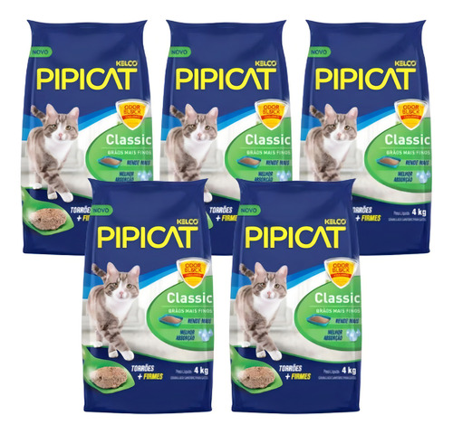 Areia Granulado Classic Pipicat 4kg Kit Com 5 Para Gatos