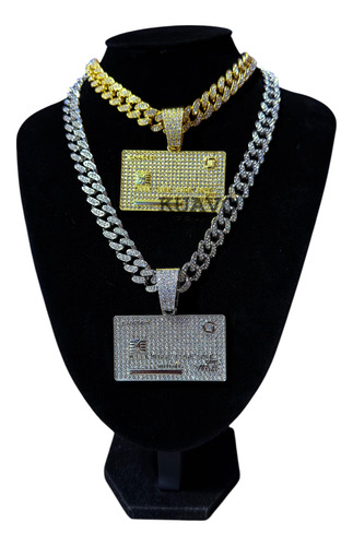Collar Cubana Ice + Dije Tarjeta Card Strass Simil Oro Trap Plateado