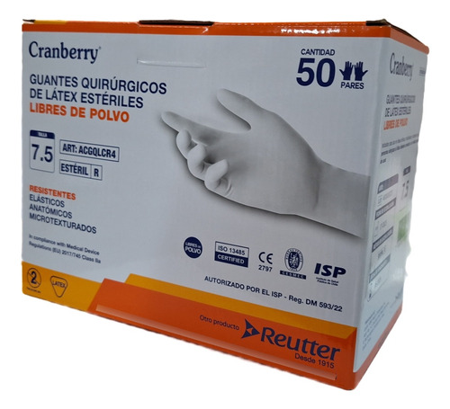 Guante Quirúrgico De Látex Estériles Sin Polvo 7.5 Cranberry