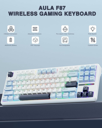 Teclado Mecânico Aula F87 Pro - Glacier Blue - Graywood V3 Branco Português Portugal