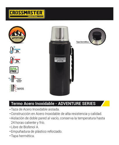 Imagen 2 de 4 de Termo Crossmaster Adventure S 1.2l Acero Inox No Apto P/mate Color Negro