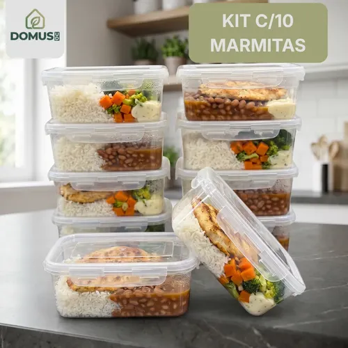 Jogo 10 Potes 800ml Marmitas Transparente 4 Travas Bpa Free