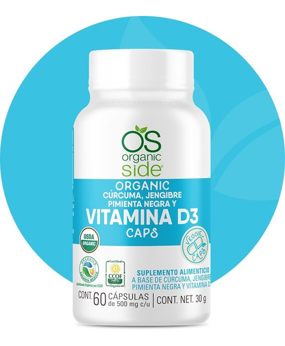 Imagen 1 de 1 de Vitamina D3, Cúrcuma, Jengibre Y Pimienta Orgánica 60 Caps. Sabor Sin Sabor