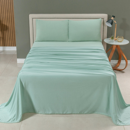 Jogo Lençol Cama Casal 4 Peças Malha Algodão Cores Lisas Cor Verde