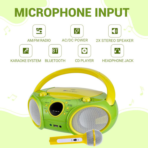 Singingwood NP030ab-yg: sistema de karaokê portátil, leitor de CD portátil com Bluetooth para rádio estéreo AM/FM, entrada para fone de ouvido, karaokê portátil compatível com AC ou bateria, verde