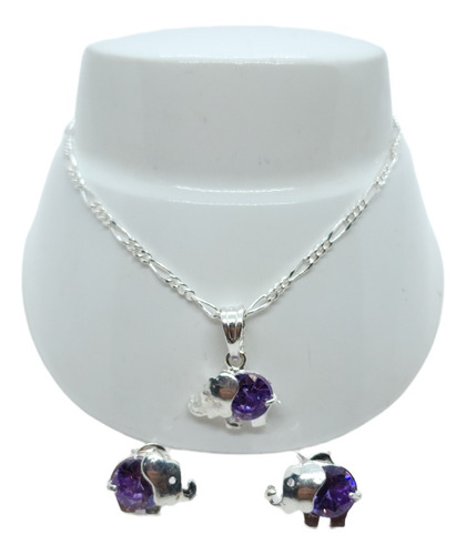 Pulsera De Elefante Morado De Plata Y Zirconia+aretes E02