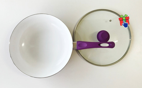 Imagen 4 de 6 de Wok Violeta Cerámica Antiadherente 5 Litros 30cm Tapa Vidrio