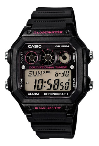 Reloj pulsera Casio Youth AE-1300 de cuerpo color negro, digital, fondo negro, con correa de resina color negro, dial negro, subesferas color gris y negro y rosa, minutero/segundero negro, bisel color negro, luz ámbar y hebilla simple