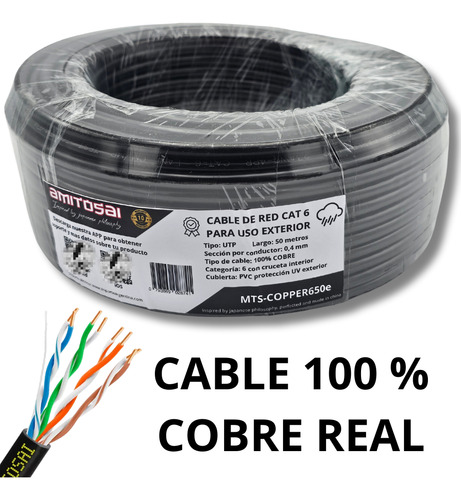 Cable De Red Utp Rollo 50m 100% cobre Cat6 Negro Para Exterior Doble Vaina Con Filtro Uv Apto Intemperie Mts-copper650e Amitosai línea COPPER