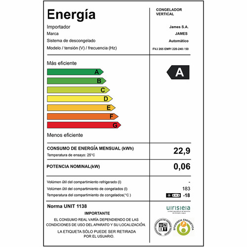 Freezer Empotrable Panelable James Fvj 265 Emp Frio Seco Eh