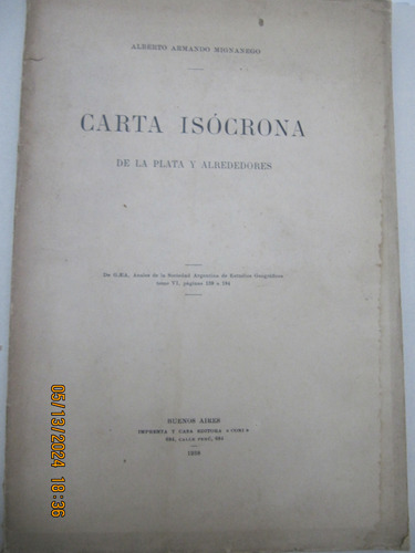 Carta Isocrona De La Plata Y Alrededores Mignanego  1938