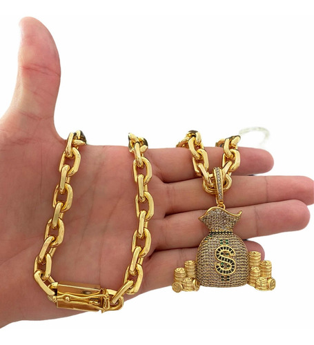 Cordão 12mm Cadeado Banhado A Ouro + Pingente Saco Dinheiro