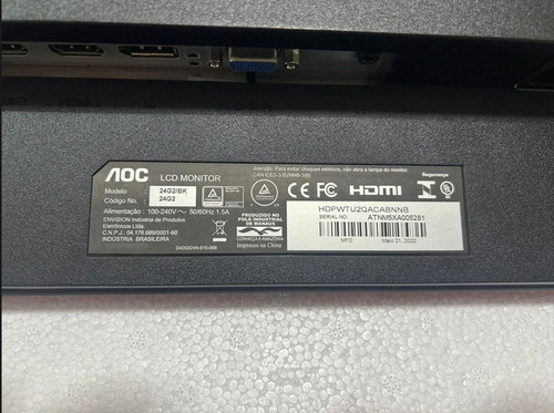 Monitor P/ Aproveitar Peças Tela Quebrada Peças 24g2/bk Preto (Usado)
