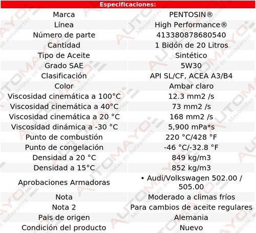 Aceite Motor Alemán 20 Lts 5w30 Vanagon H4 2.1l 90-91