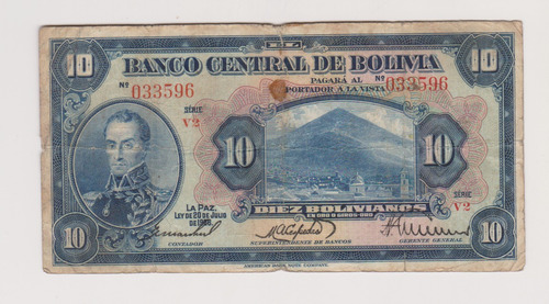 Billete Bolivia 10 Bolivianos Año 1928 Bueno 