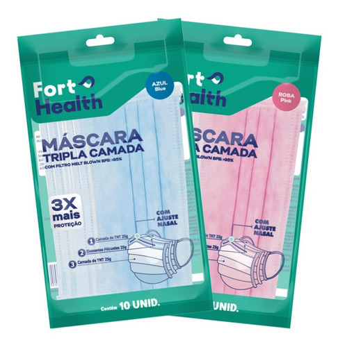 Máscara Adulto Tripla Camada Com Filtro Melt Blown 50 Un Cor Azul