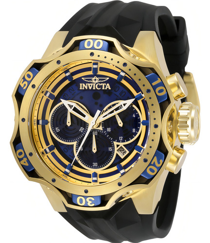 Relógio De Pulso Invicta Venom 29761 Com Corpo Dourado, Analógico, Para Masculino, Fundo Azul, Com Correia De Silicone Cor Preto, Bisel Cor Dourado E Fivela Simples