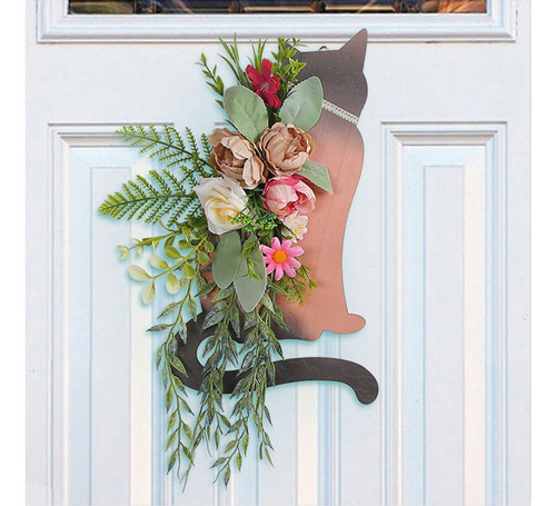 Letrero Creativo De Madera De Gato Con Corona De Flores Fals